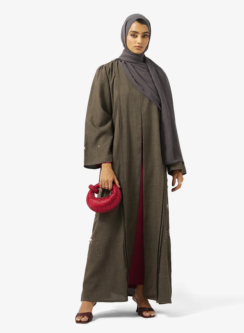 hayas closet  Embroidered Open Abaya With Sheila for Women | Best Price UAE